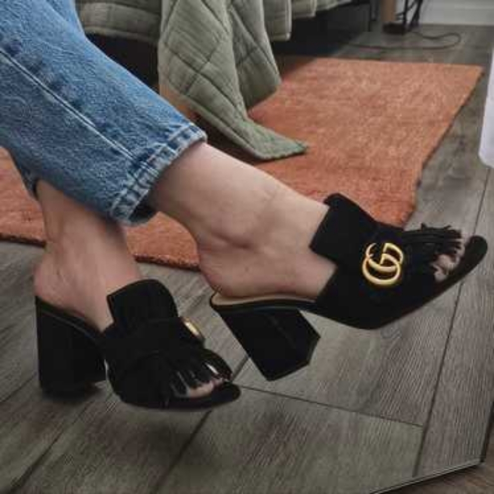 Gucci 37.5 Marmont Fringe black suede mules slides sandals double G